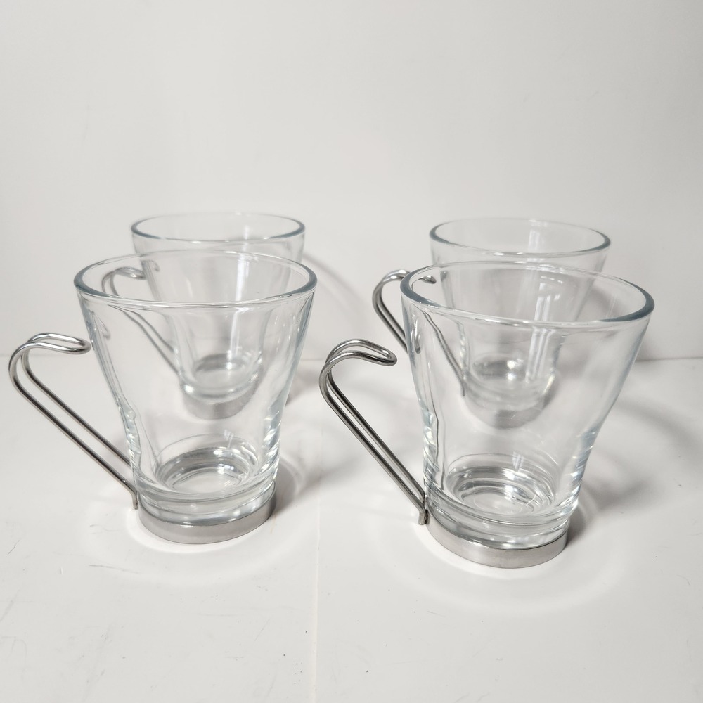 Vitrosax Italy Glass Espresso Coffee Mugs Set of 4 Stainless Steel Handles Clear
